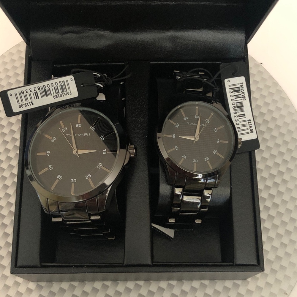 Tahari His & Hers Watch Set | Black Dial & Bracelet | Model TAH 10180 | NWT/NRFB
